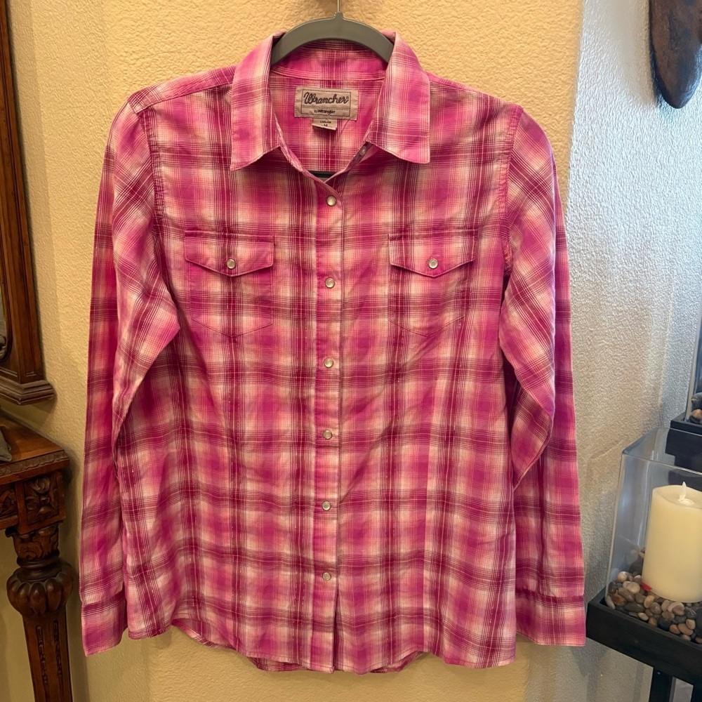 Wrangler Pink Plaid White Pearl Snap Long Sleeve Western Cowboy Shirt- Medium